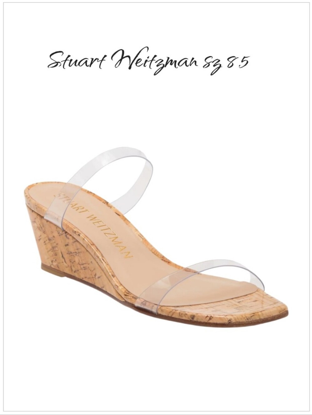 Stuart Weitzman Aleena 50 Cork Wedge Sandal Clear PVC Straps Size 8.5